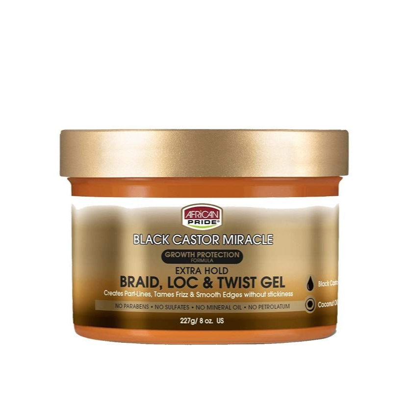 African Pride Black Castor Miracle Extra Hold Braid, Loc & Twist Gel 8oz